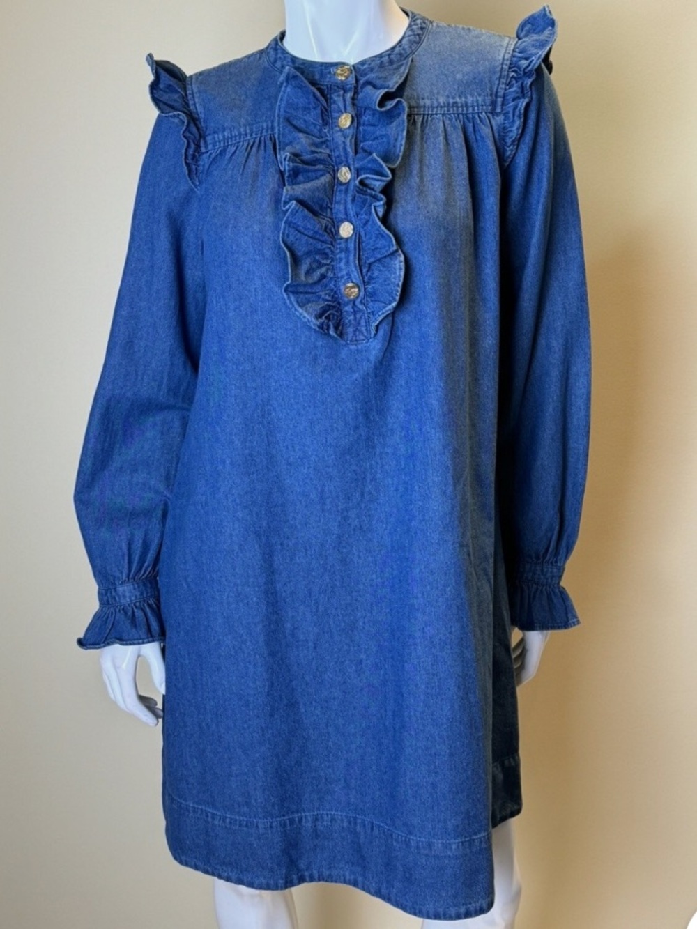 Blue Ruffle Front Long-Sleeve Dress - Picture 5 of 7
